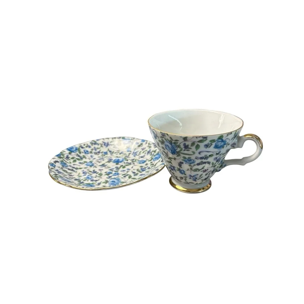 Vintage Lefton China Blue Chintz Floral Teacup & Saucer Set Gold Trim